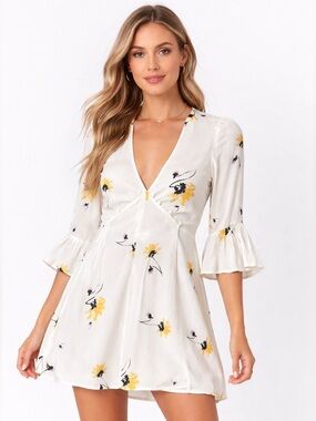 Free People Time On My Side Wrap Dress Floral Boho Mini White Yellow Size S